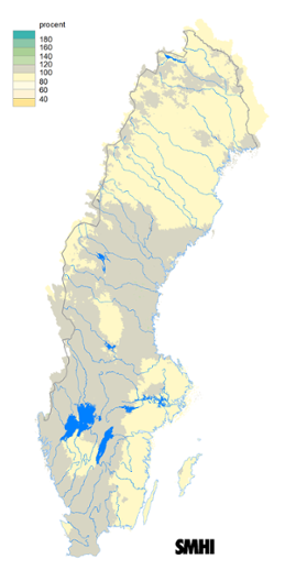 Karta över beräknad markvattenhalt i procent av den normala, 15 juni 2019.