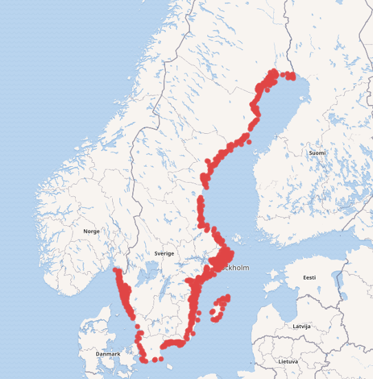 Kartbild som visar kustvattenförekomsterna på Wikidata.