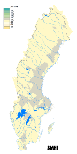 Karta över beräknad markvattenhalt i procent av den normala, 15 juli 2019.