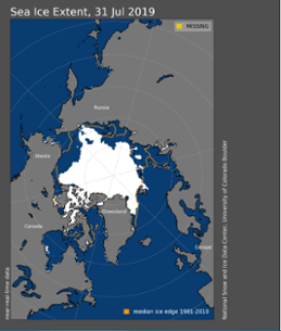 Havsisens utbredning i Arktis den 31 juli 2019