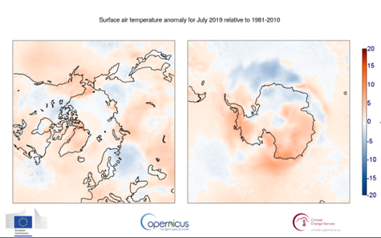 Temperaturavvikelse i polartrakterna i juli 2019