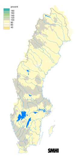 Karta över beräknad markvattenhalt i procent av den normala, 15 augusti 2019.
