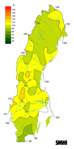 Byvindens avvikelse från det normala (1996-2015) under augusti 2019.