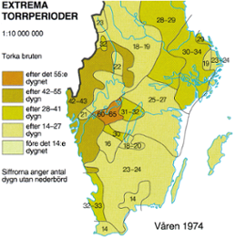 Antal dygn utan nederbörd våren 1974. Källa: Sveriges Nationalatlas.