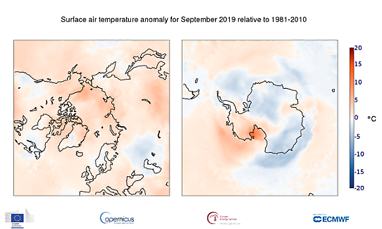 Temperaturavvikelse i polartrakterna i september 2019
