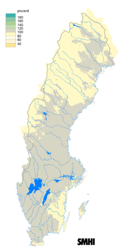Karta över beräknad markvattenhalt i procent av den normala, 15 oktober 2019.