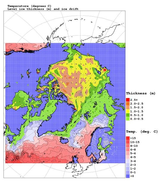 Medelvärdet för ytvattentemperatur, istjocklek av den jämna isen och isdrift i Arktis.