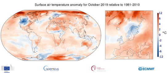 Global temperaturanomali (vänster bild) i oktober 2019 samt för Europa (höger bild).