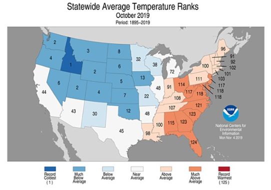 Bilden visar rankingen av hur varm respektive kall oktober var i USA. Kallast=1 och varmast=125.