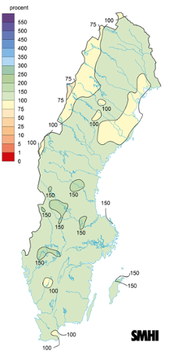 Karta över nederbörd i procent av den normala, hösten 2019.