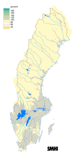 Karta över beräknad markvattenhalt i procent av den normala, 15 november 2019.