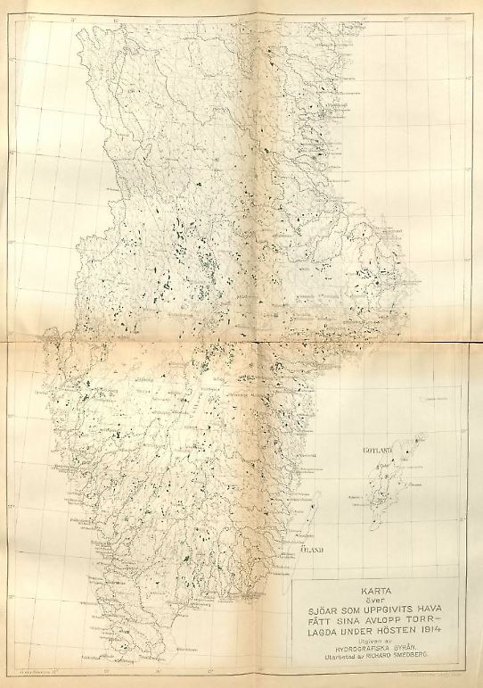 Karta från SMHIS årsbok 1914 över antalet avloppslösa sjöar under torrperioden 1914.