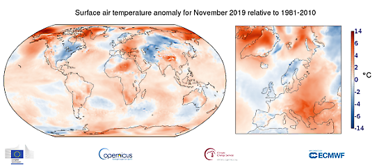 Global temperaturanomali i november 2019
