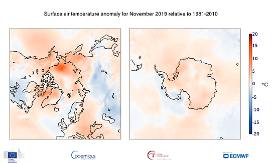 Temperaturavvikelse i polartrakterna i november 2019