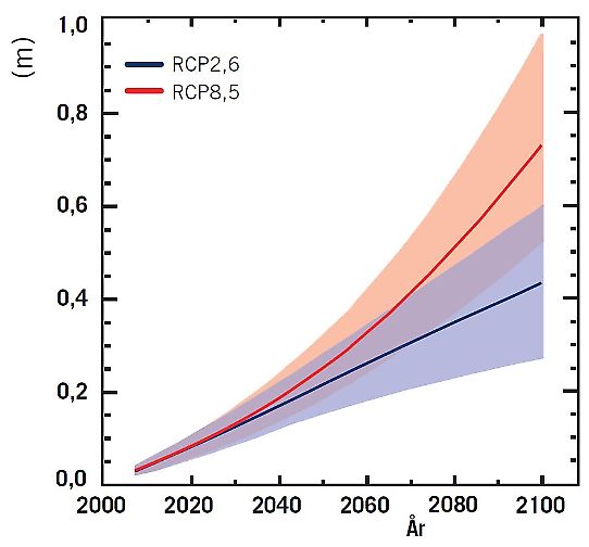 Diagram visar förändringar i havsytans nivå vid två olika RCP:er