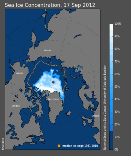 Havsisens utbredning i Arktis den 17 september 2012 är den lägsta som observerats.
