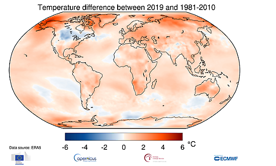 Karta över global medeltemperatur 2019 jämfört med genomsnittet för 1981-2010.