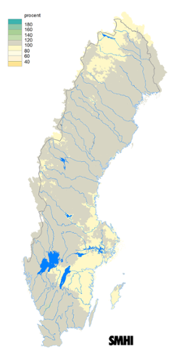 Karta över beräknad markvattenhalt i procent av den normala, 15 januari 2020.