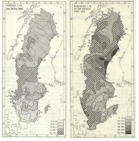 Kartor över snö och nederbörd från SMHIs årsbok 1966