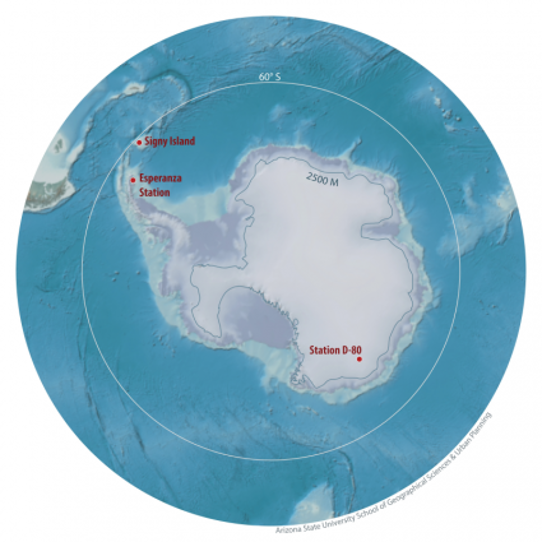 Bilden visar rekordstationerna för Antarktiska regionen, kontinenten och platån.