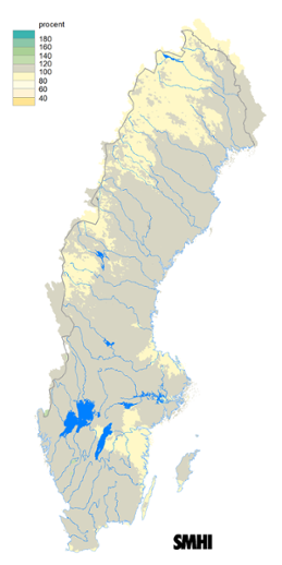 Karta över beräknad markvattenhalt i procent av den normala, 15 februari 2020.