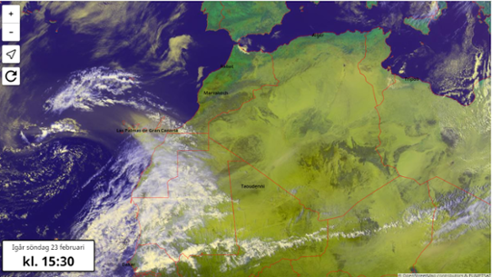 Satellitbild från den 23 februari 2020 som visar sandstorm över Kanarieöarna