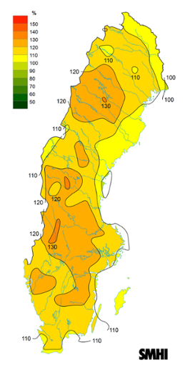 Byvindens avvikelse från det normala (1996-2015) under vintern 2020.