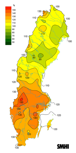Byvindens avvikelse från det normala (1996-2015) under februari 2020.