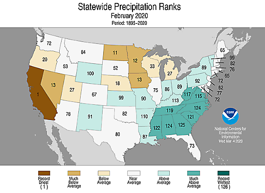 Ranking av nederbörd i USA februari 2020