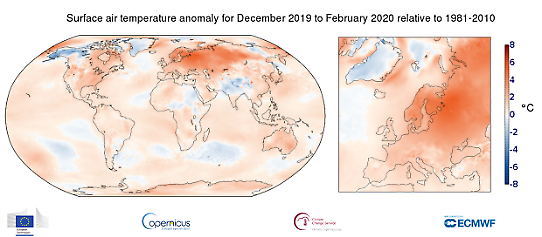 Copernicus klimattjänst jämförelse av temperaturavvikelse vintern 2019-2020 jfr 1981-2010