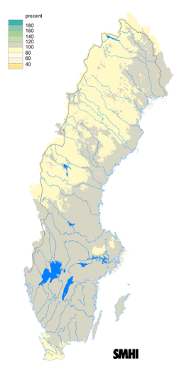Karta över beräknad markvattenhalt i procent av den normala, 15 mars 2020.