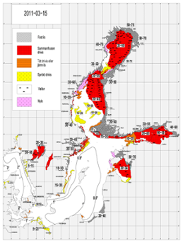Karta över isutbredning och ytvattentemperatur i havet 15 mars 2011 