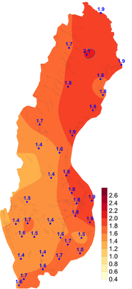 Förändring av årsmedeltemperaturen i Sverige