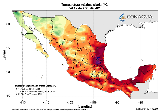 Maximitemperaturer i Mexiko den 12 april 2020