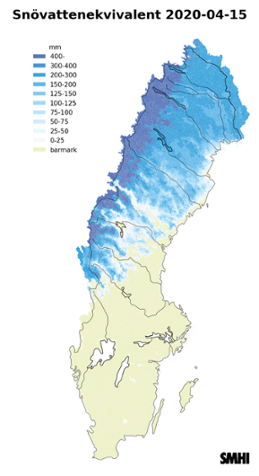 Karta över snötäckets beräknade vattenvärde 15 april 2020. 