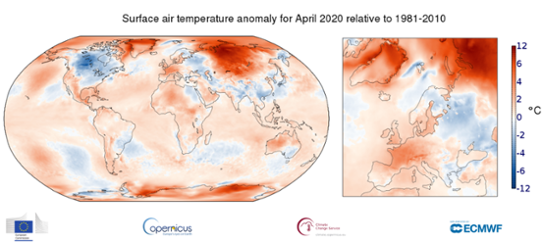 Global temperaturanomali (vänster bild) i april 2020 samt för Europa (höger bild).