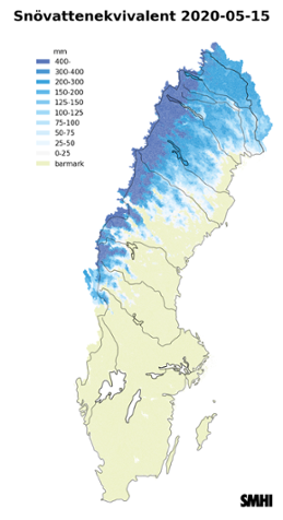 Karta över snötäckets beräknade vattenvärde 15 maj 2020. 