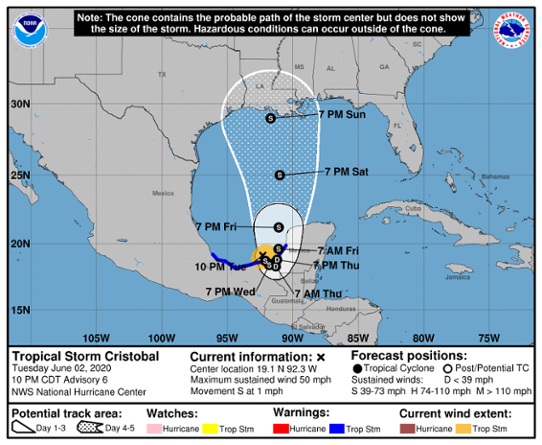 Prognoserad bana för den tropiska stormen Cristobal.