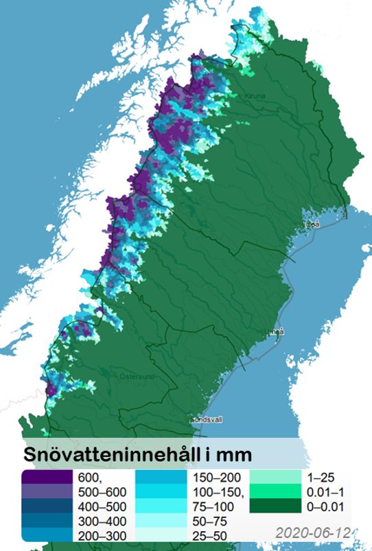 Karta över norra Sverige som visar hur mkt vatten snön som finns i fjällen innehåller