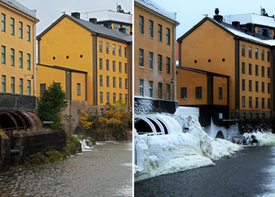 Industrilandskapet Norrköping under sommar och vinter