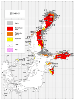 Karta över isutbredning och ytvattentemperatur i havet 15 april 2011 
