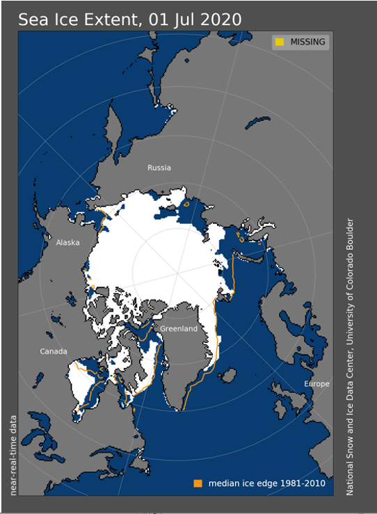 Isutbredning i Norra ishavet den 1 juli 2020