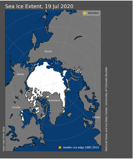 Isutbredning i Norra ishavet den 19 juli 2020.