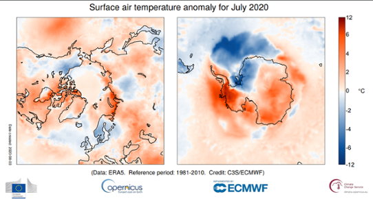 Temperaturavvikelse i polarområdena i juli 2020