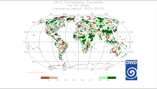 Global nederbördsavvikelse i juli 2020