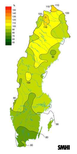 Byvindens avvikelse från det normala (1996-2015) under augusti 2020.