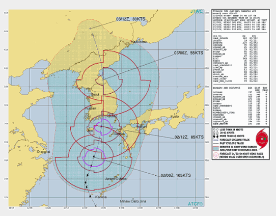 Prognoserad bana för den tropiska orkanen Maysak utfärdad den 2 september.