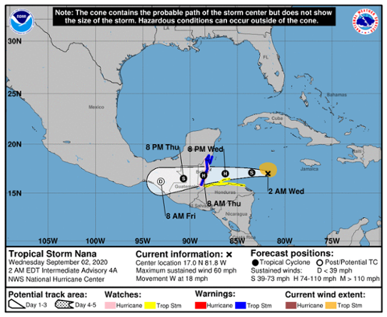 Prognoserad bana för den tropiska stormen Nana utfärdad den 2 september.