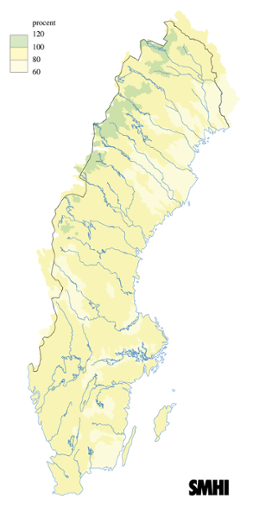Karta över beräknade markvattenhalt i procent av den normala, 15 maj 2011