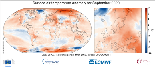 Global temperaturanomali (vänster) i september samt för Europa (höger).